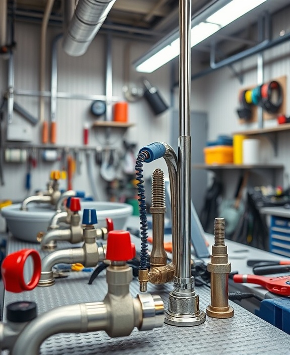 modern plumbing tools, arranged for use, photorealistic, in a contemporary workshop, highly detailed, clean and organized, stainless steel and plastic materials, bright overhead lighting, shot with a 55mm lens