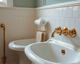 vintage plumbing fixtures, elegantly designed, photorealistic, placed in an antique bathroom, highly detailed, porcelain gleam, gold accents, soft ambient lighting, shot with an 85mm lens