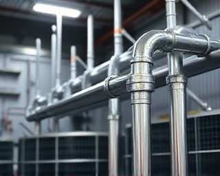 gleaming plumbing pipes, precisely fitted together, photorealistic, industrial workshop background, highly detailed, reflective surfaces, shiny metal, overhead spotlight, shot with a 35mm lens