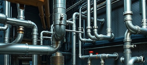 intricate plumbing pipes, forming a complex system, photorealistic, within a mechanical room, highly detailed, shiny metal surfaces, welded joints, harsh industrial lighting, shot with a macro lens